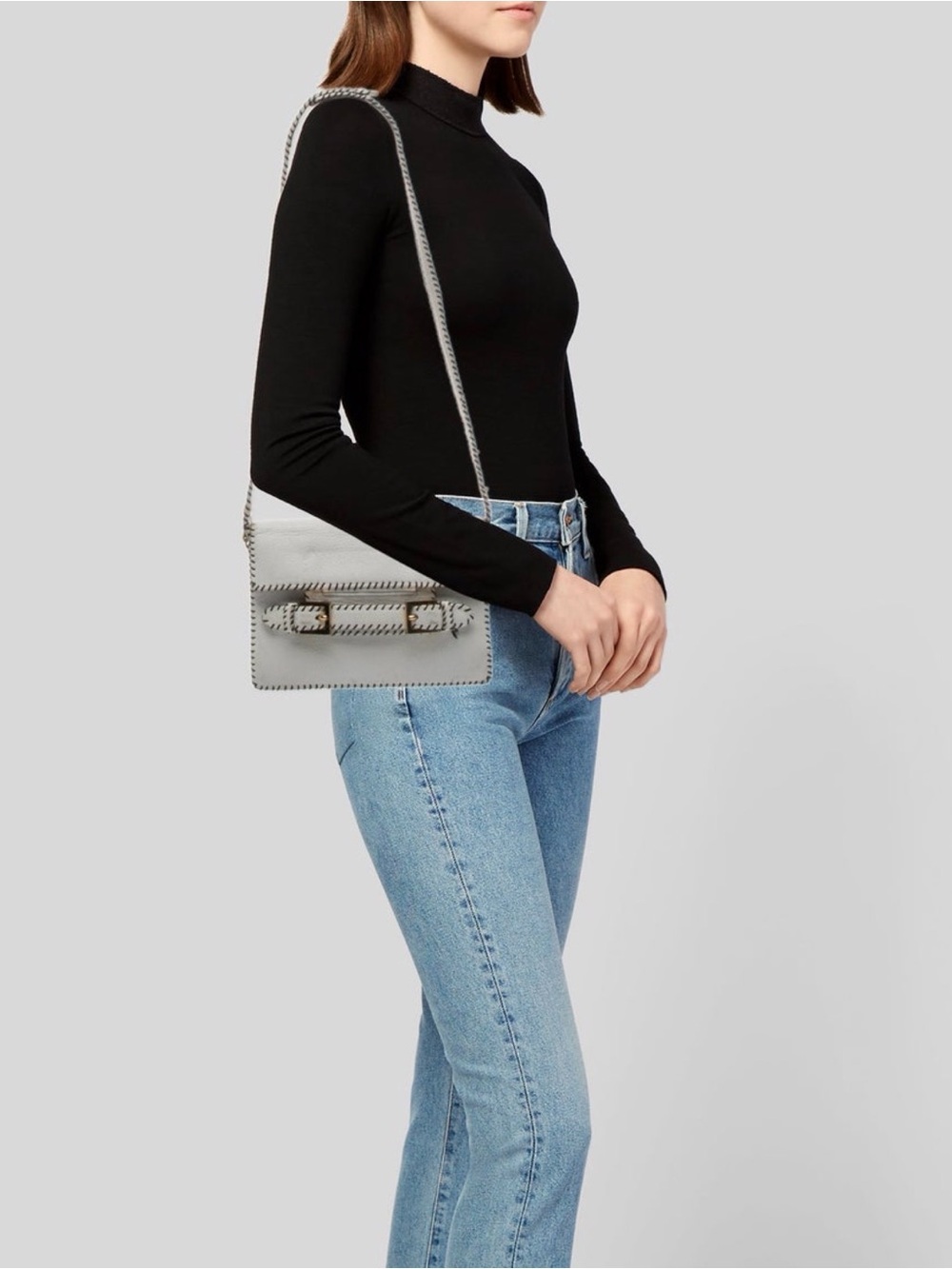 Fendi baguette style Selleria Leather Whipstitch adjustable strap Bag White